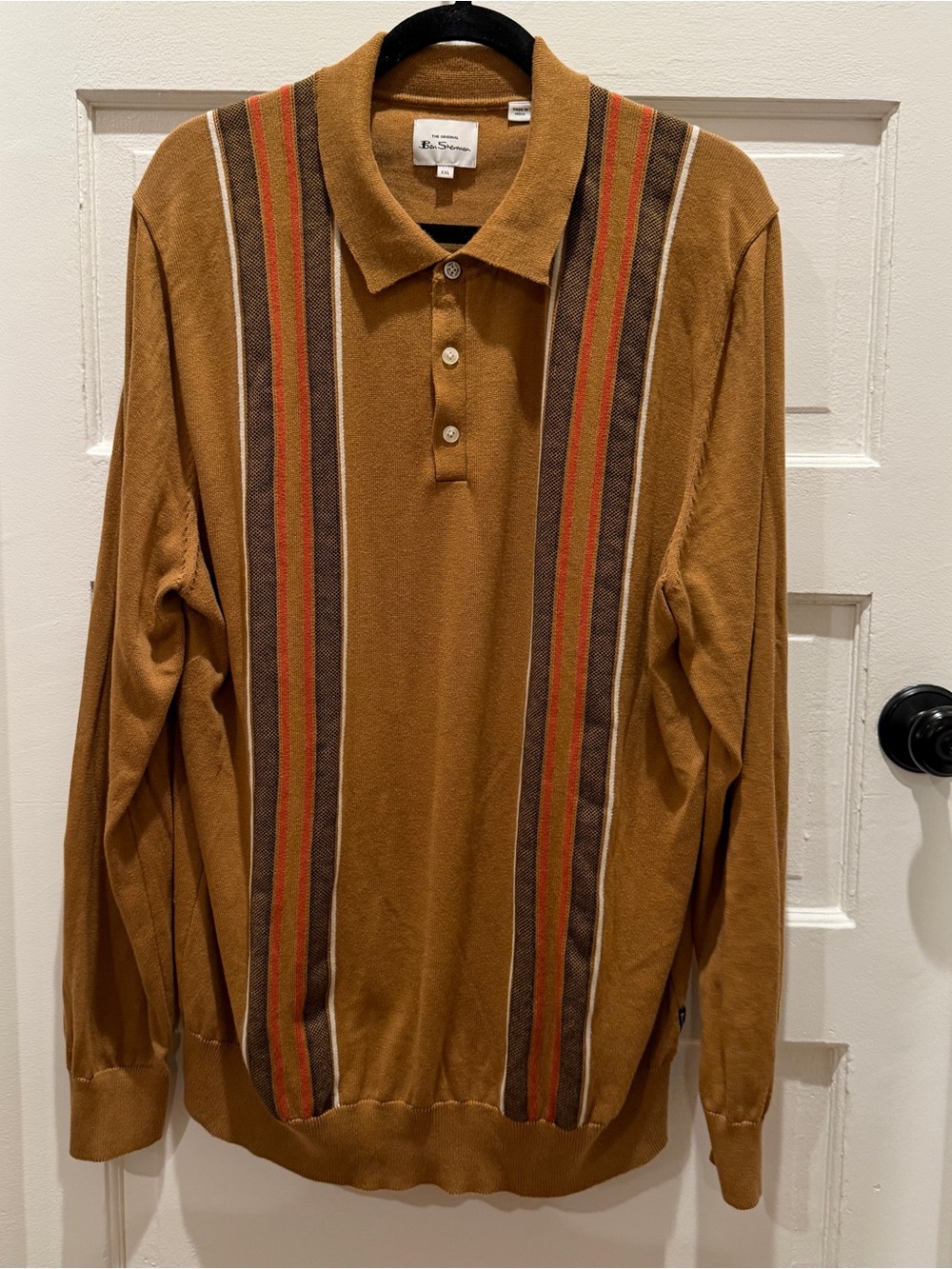 Ben Sherman Camel Long-Sleeve Polo with Brown and Orange Stripes